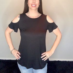 New black open shoulder top with criss cross back